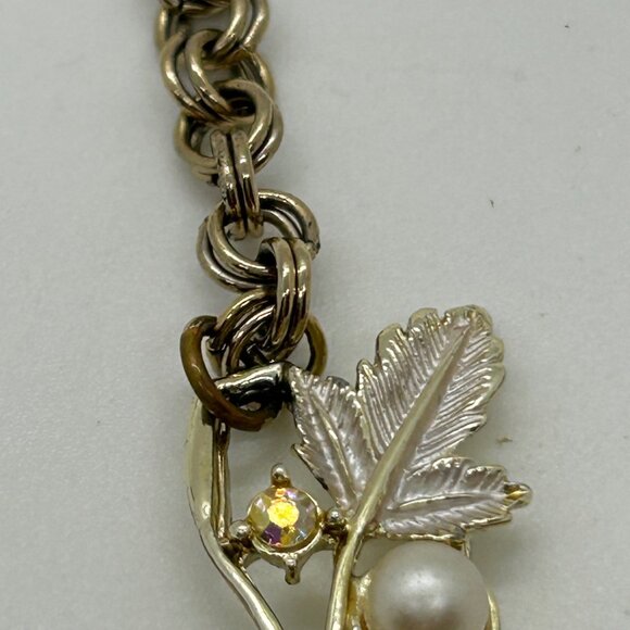 Vintage Judy Lee Gold Tone Necklace Leaf Design Faux Pearls Rhinestones Elegant - Picture 7 of 16